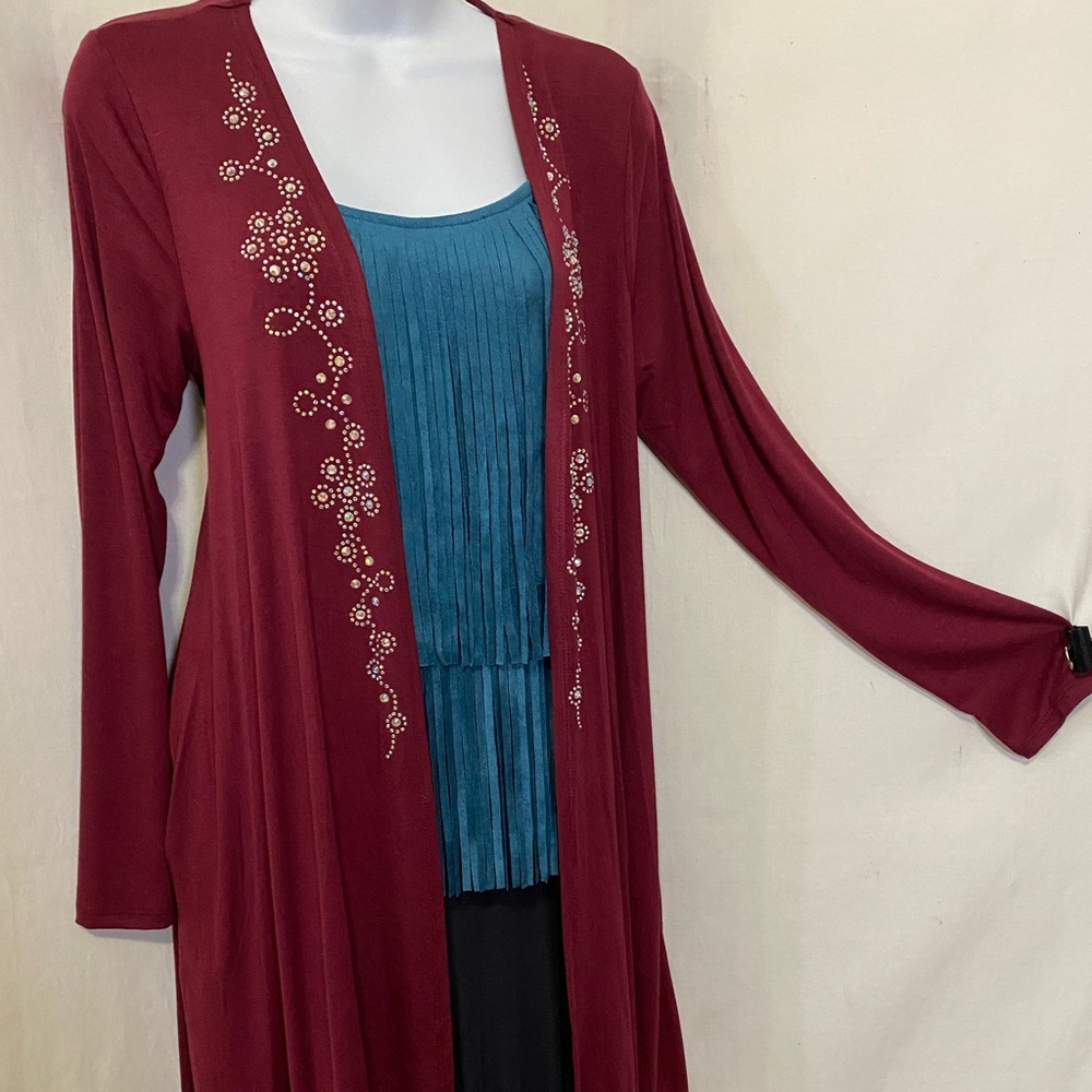 Vocal Burgundy Cardigan (only) With Iridescent Stone Detail, Side Pocket